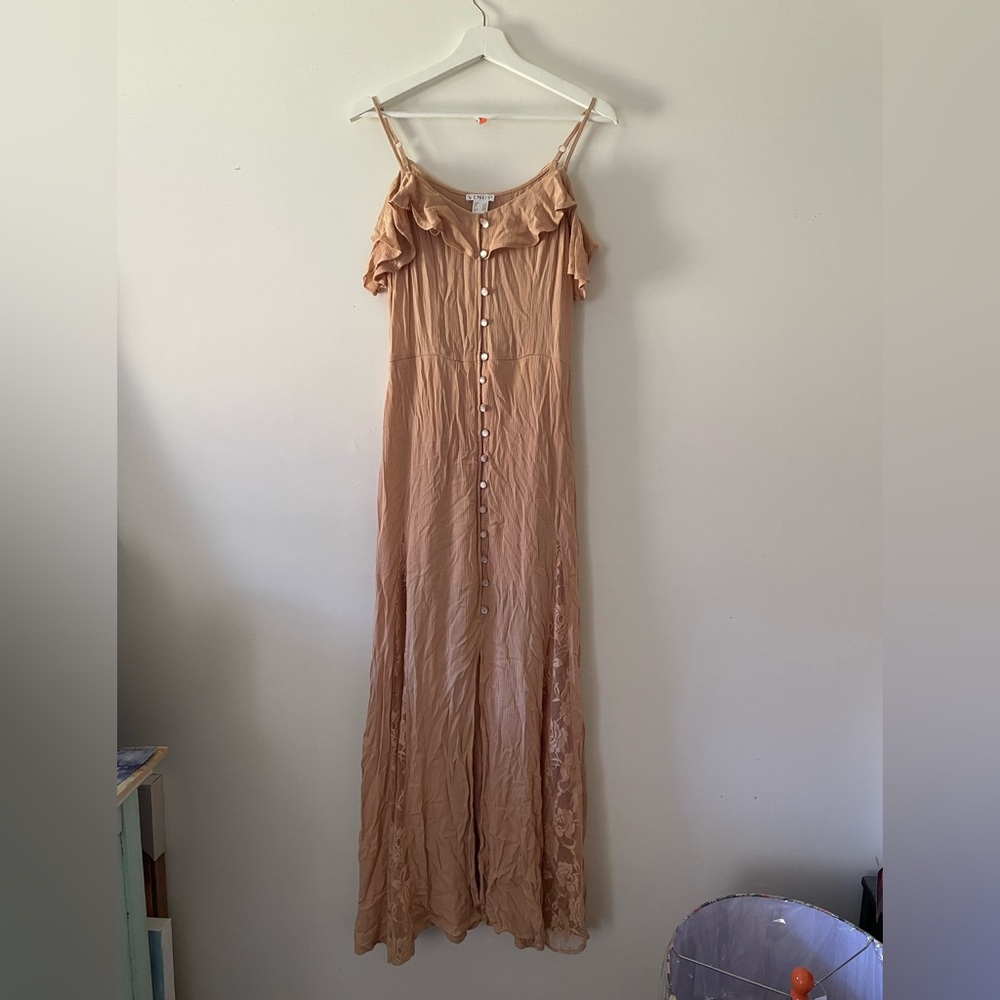 Venus Brand Peach Ruffle-Off-Shoulder Button-Front Maxi Dress